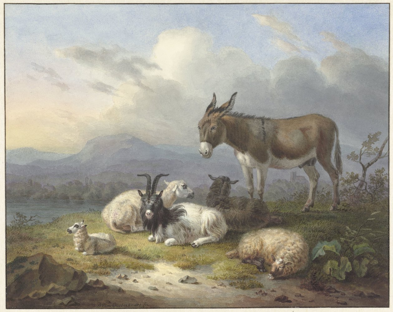 Paesaggio con asino, capra e pecore da Dirk van Oosterhoudt