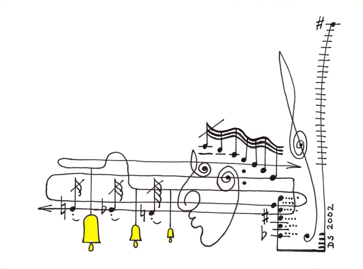 Elegia - disegno di uno spartito musicale con la notazione che forma una faccia e le campane che pendono dai pentagrammi da Dmitri Smirnov