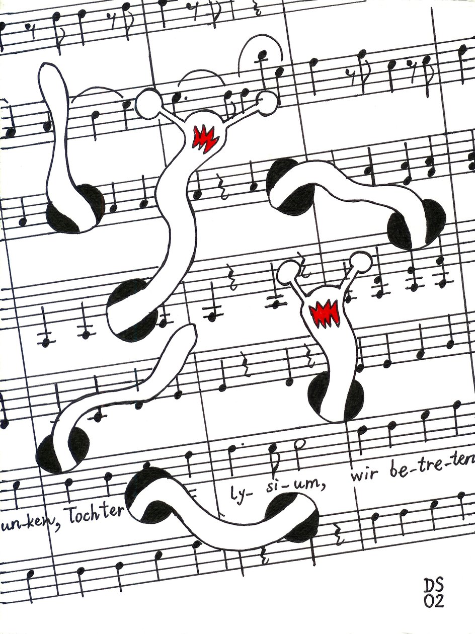Feast of Joy - disegno di uno spartito musicale con vermi che divorano la pagina da Dmitri Smirnov