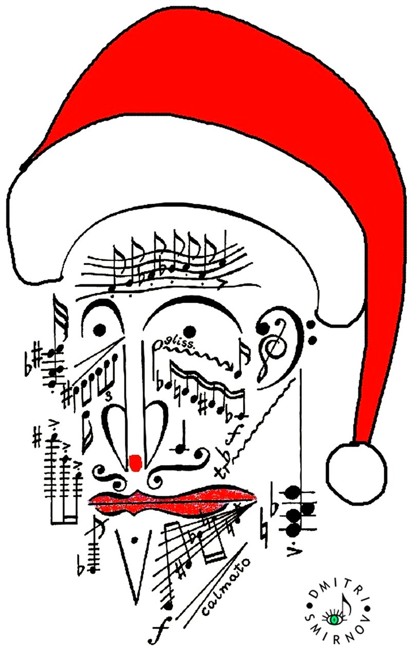 Musical Santa - la testa di Babbo Natale disegnata utilizzando la notazione musicale e indossando un cappello rosso. da Dmitri Smirnov