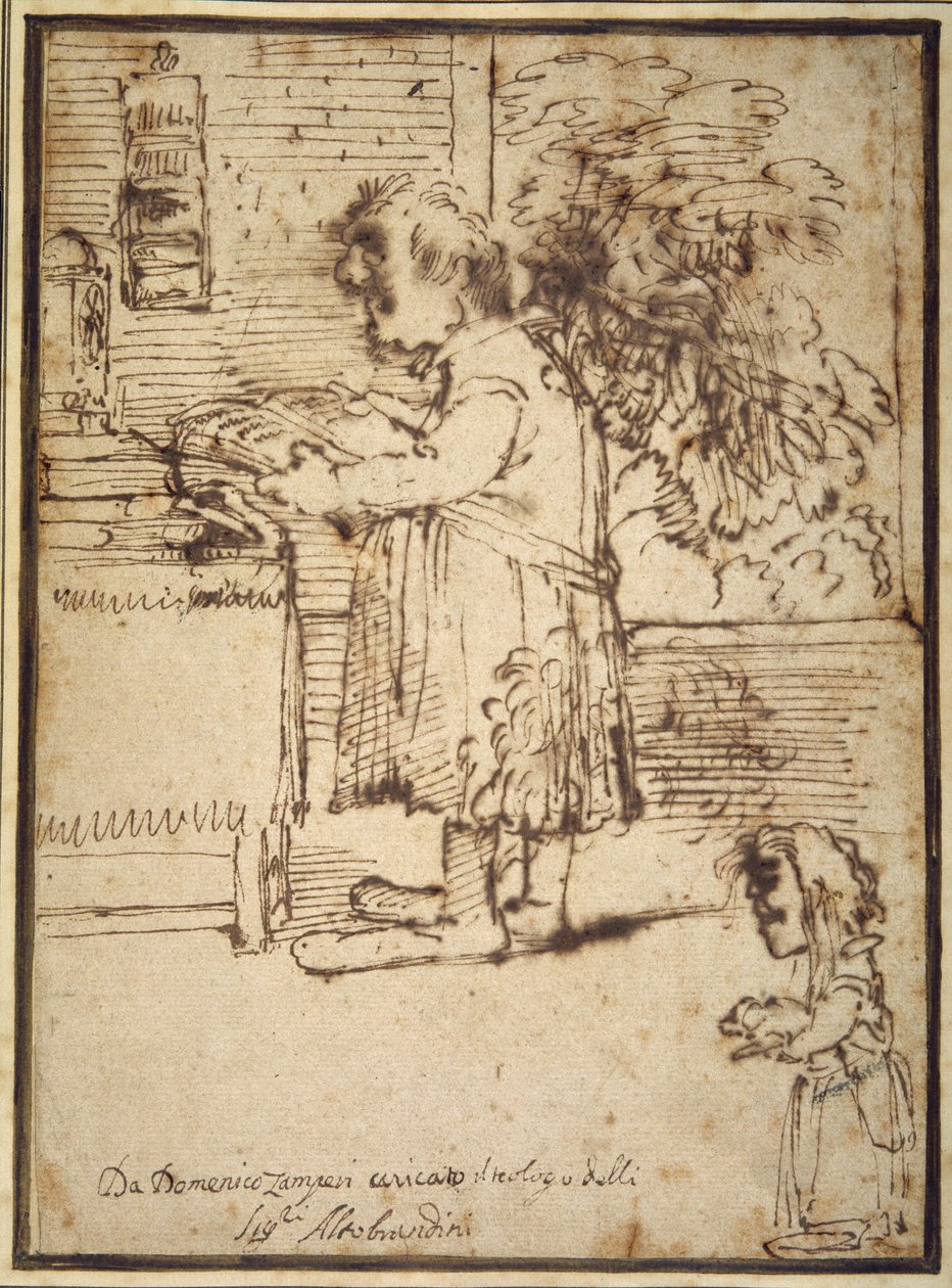 Caricatura del teologo Aldobrandini, con una nana che tiene il suo cane da Domenichino