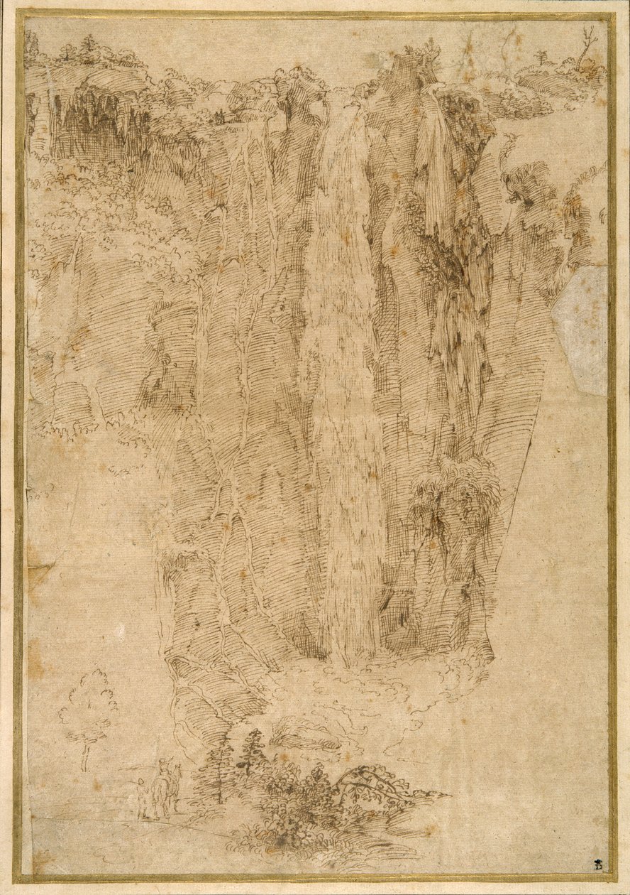 Paesaggio con cascata; ai piedi, due uomini, uno a cavallo da Domenichino