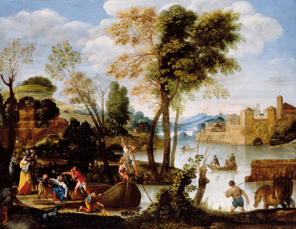 Paesaggio fluviale italianizzato con barcaiolo e donna con un cesto di granchi da Domenichino