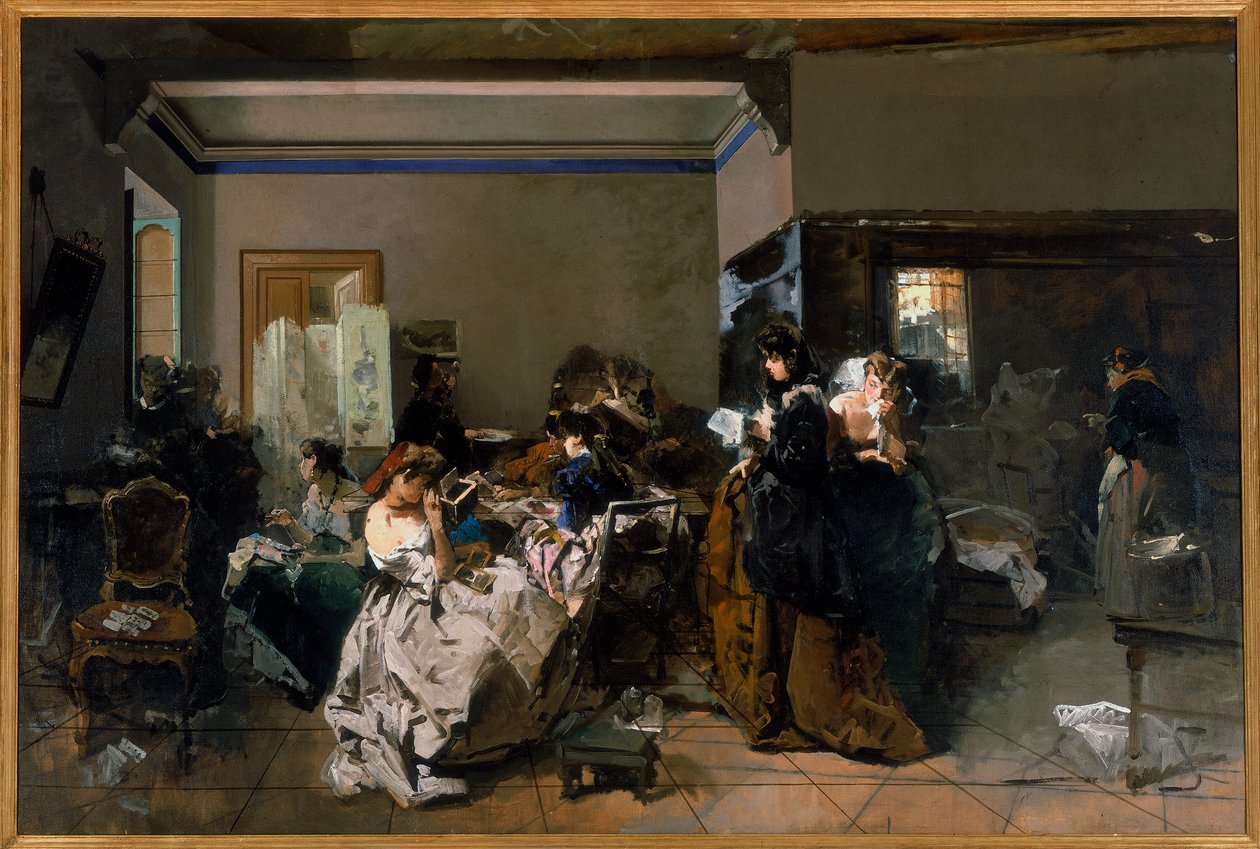 Laboratorio di sartoria, 1858-60 da Domenico Induno