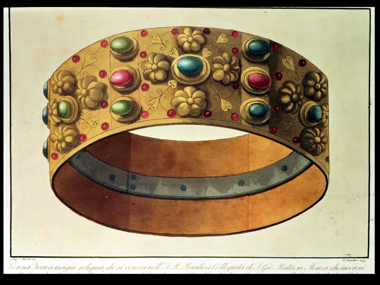 La Corona Ferrea di Lombardia che incoronò Carlo Magno nel 777 e Napoleone nel 1805 nel Duomo di Milano, incisa da D. Landini (acquatinta) da Domenico (after) Landini