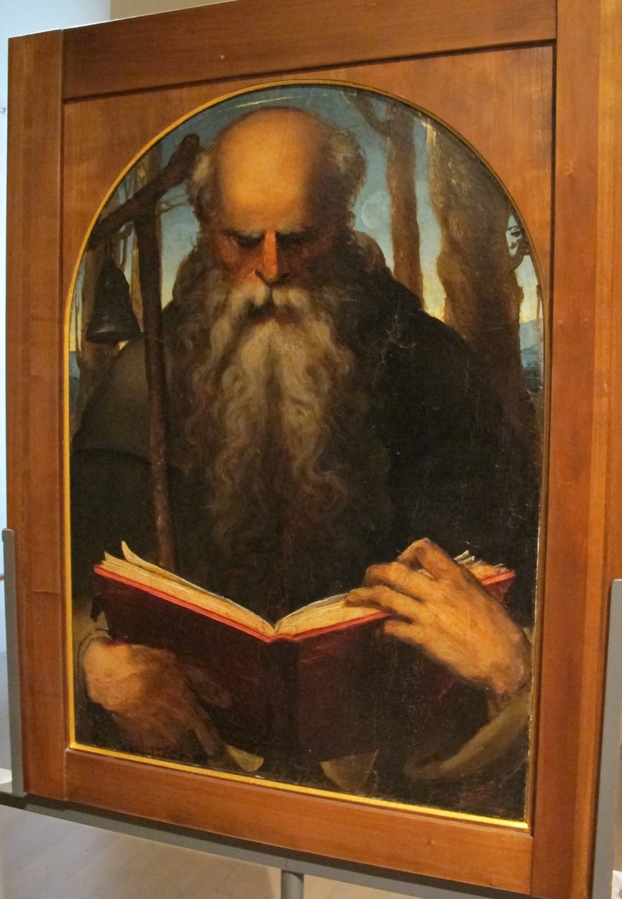 Baccafumi, cataletto per defunti della compagnia di s. a. abate, 1538-40, Antonio abate leggente da Domenico Beccafumi