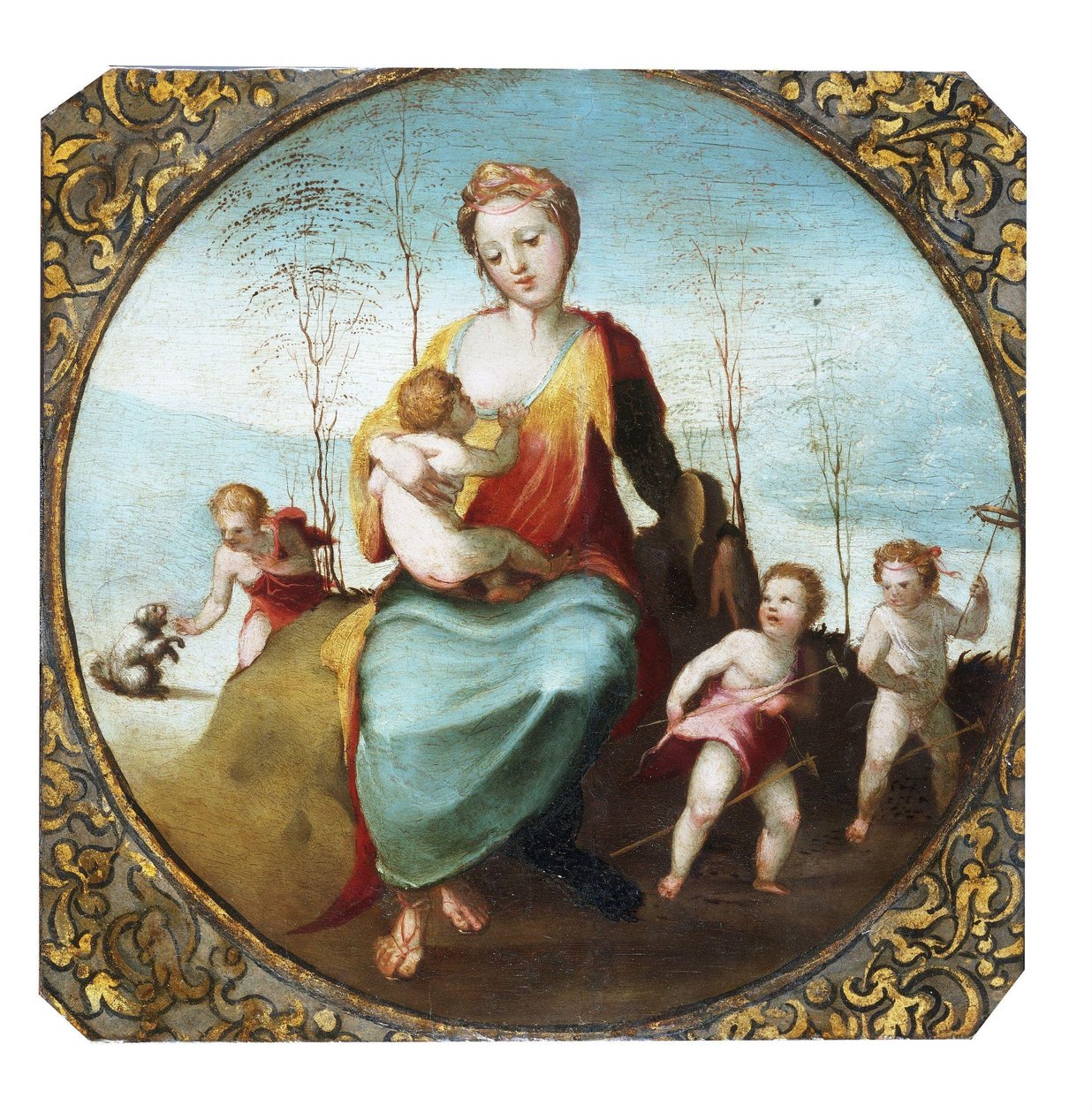 Beccafumi - Carità che allatta un bambino e circondata da tre bambini che giocano con un cane e cavalli da tiro, 1525 ca. da Domenico Beccafumi