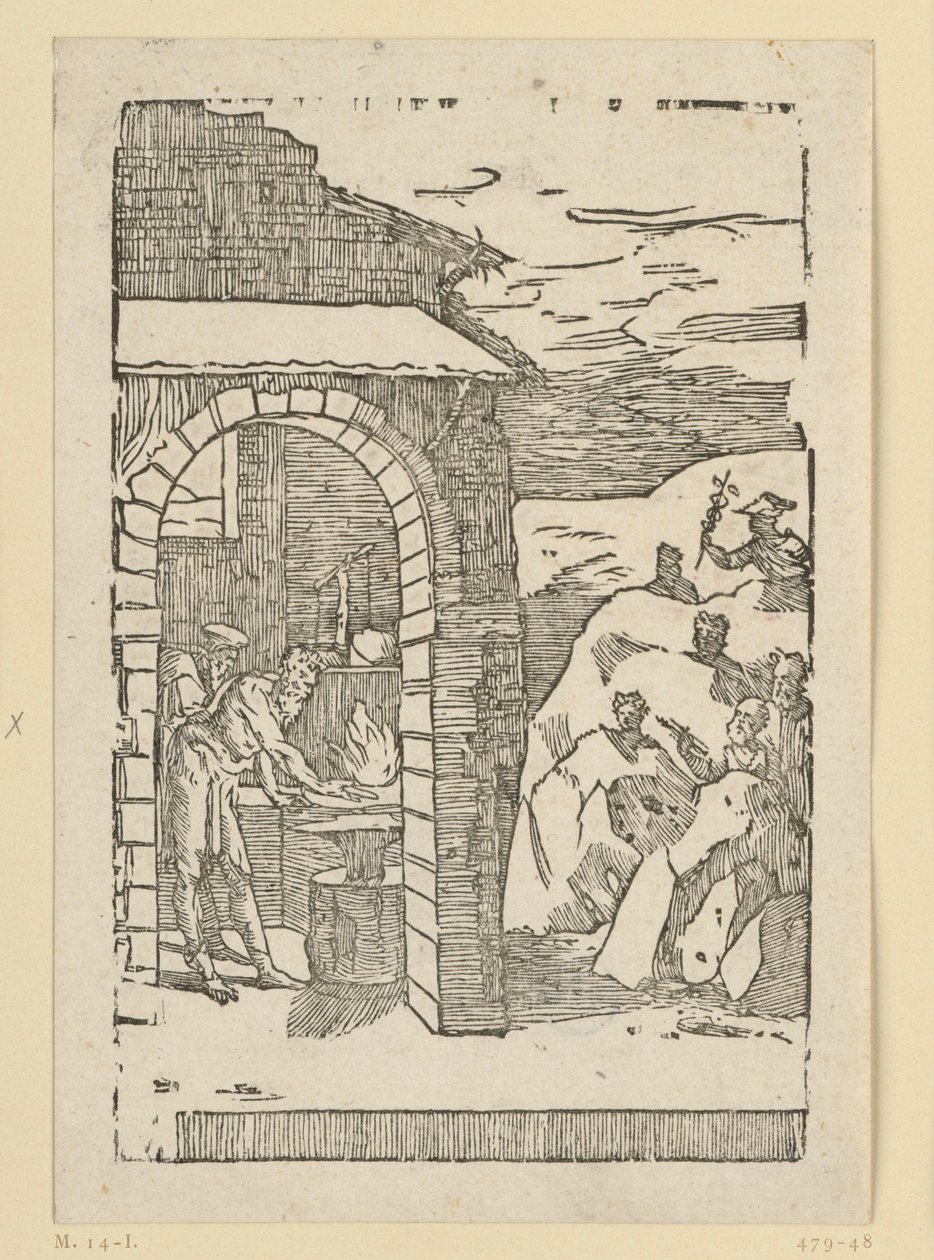 Il richiamo dei metalli. Efesto (Vulcano) e uno studioso sono in piedi davanti al fuoco di una fucina, mentre fuori, nascosti tra le rocce, si trovano gli dei (che rappresentano i metalli): Saturno (piombo), Giove (stagno), Venere (rame), Luna (argento), M da Domenico Beccafumi