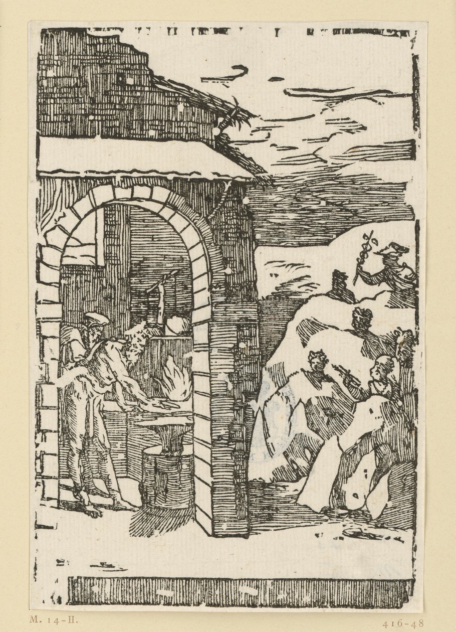 Il richiamo dei metalli. Efesto (Vulcano) e uno studioso sono in piedi davanti al fuoco di una fucina, mentre fuori, nascosti tra le rocce, si trovano gli dei (che rappresentano i metalli): Saturno (piombo), Giove (stagno), Venere (rame), Luna (argento), M da Domenico Beccafumi