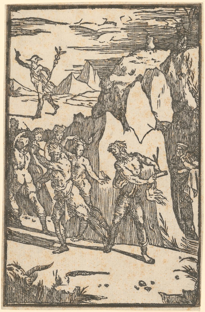 I metalli fuggono mentre Vulcano cerca di estrarli dalle rocce, foglio 3 della serie "De la Pirotechnia" da Domenico Beccafumi