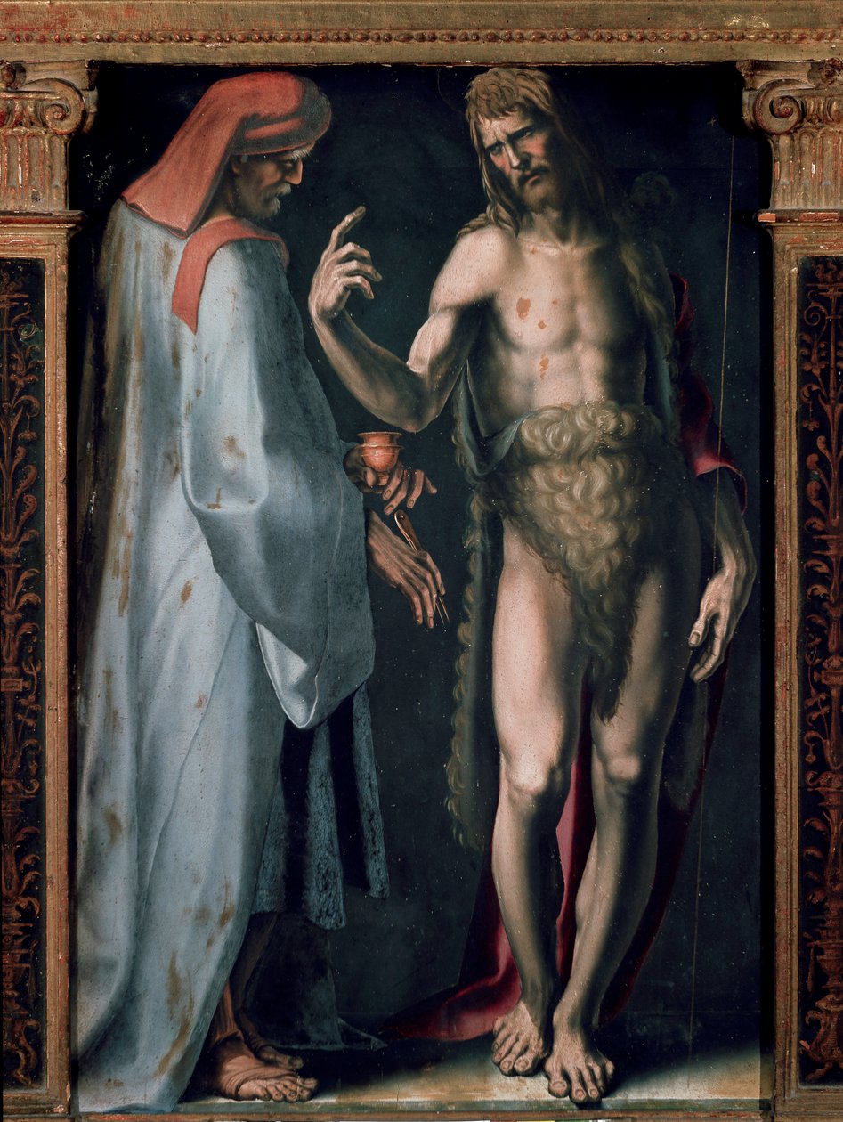 Trittico della Trinità, dettaglio pannello sinistro: San Cosimo e San Giovanni Battista da Domenico Beccafumi