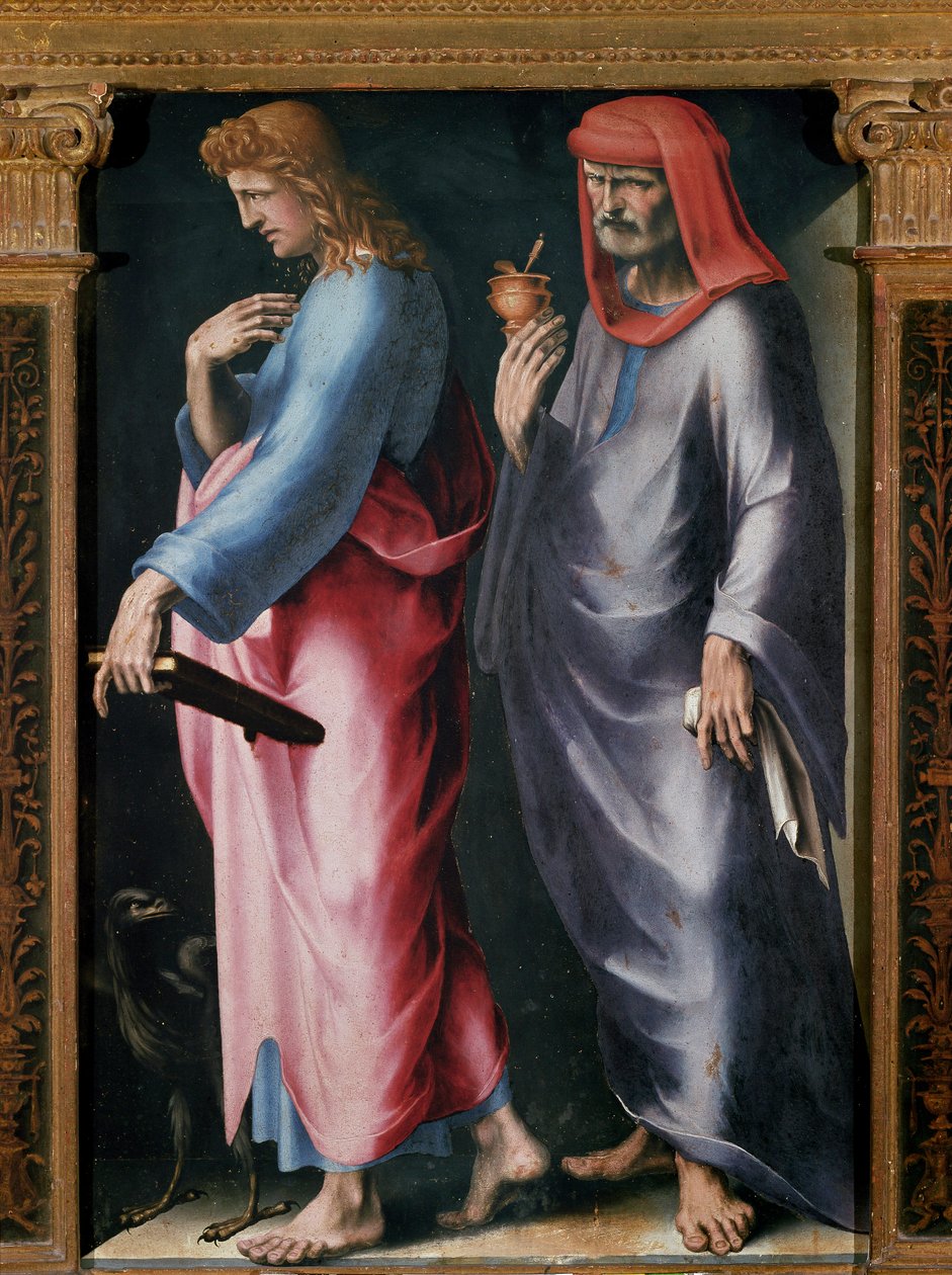 Trittico della Trinità, dettaglio pannello destro (San Giovanni Evangelista e San Damiano) da Domenico Beccafumi