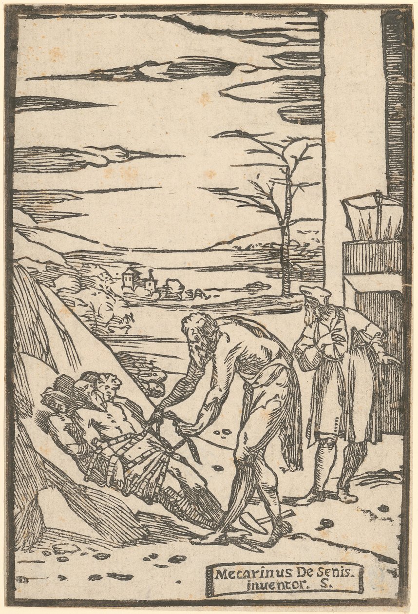 Vulcano incatena i metalli prigionieri con una catena, foglio 4 della serie "De la Pirotechnia" da Domenico Beccafumi