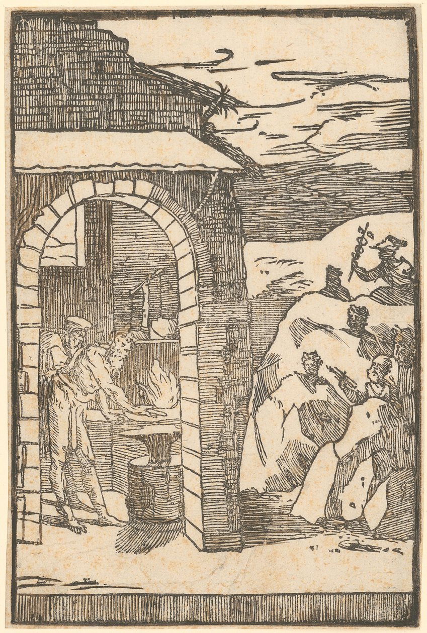 Vulcano e il Filosofo (Teoria) lavorano nella fucina, mentre fuori i metalli si nascondono nelle rocce, foglio 1 della serie "De la Pirotechnia" da Domenico Beccafumi