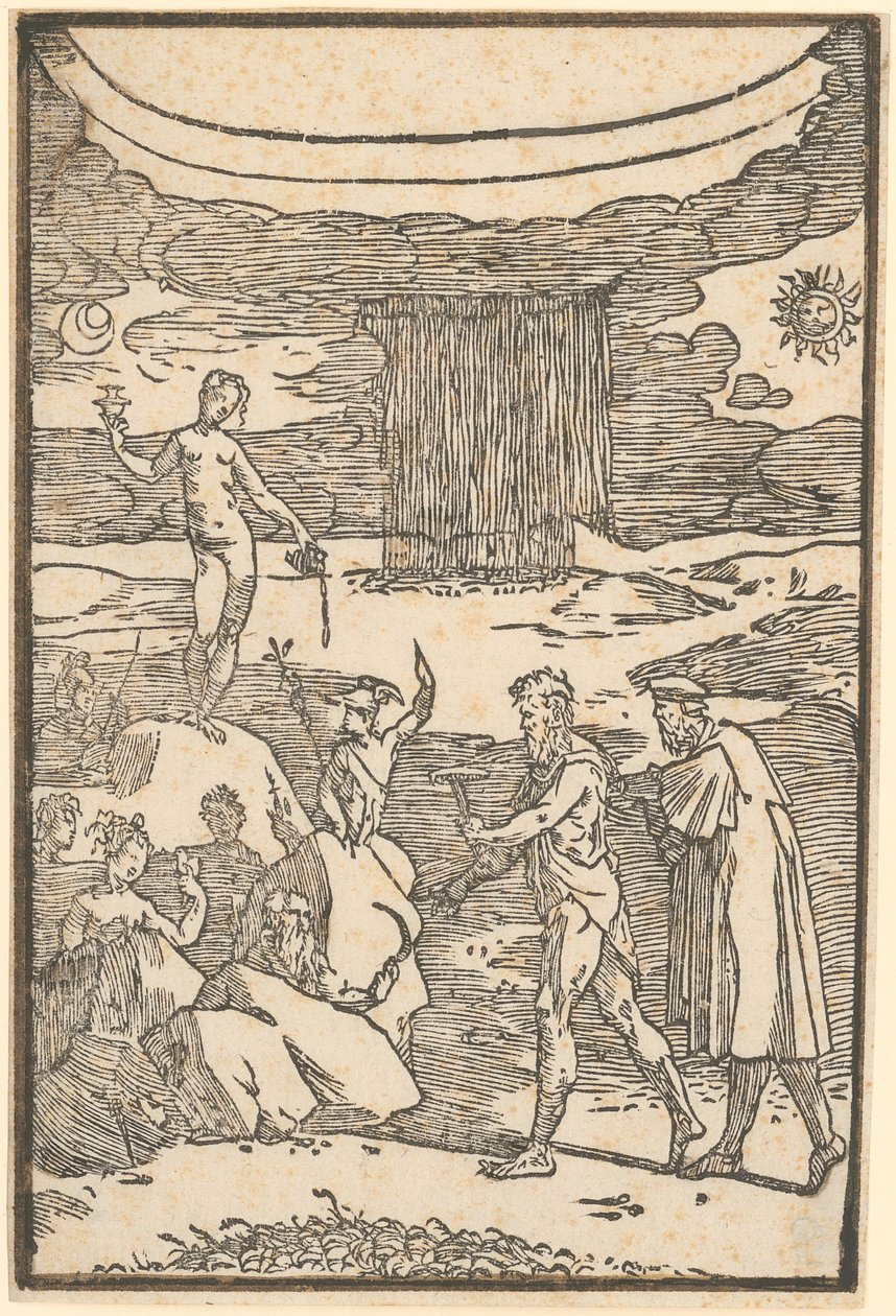 Vulcano e il Filosofo (Teoria) si mettono alla ricerca dei metalli racchiusi nelle rocce, foglio 2 della serie "De la Pirotechnia" da Domenico Beccafumi