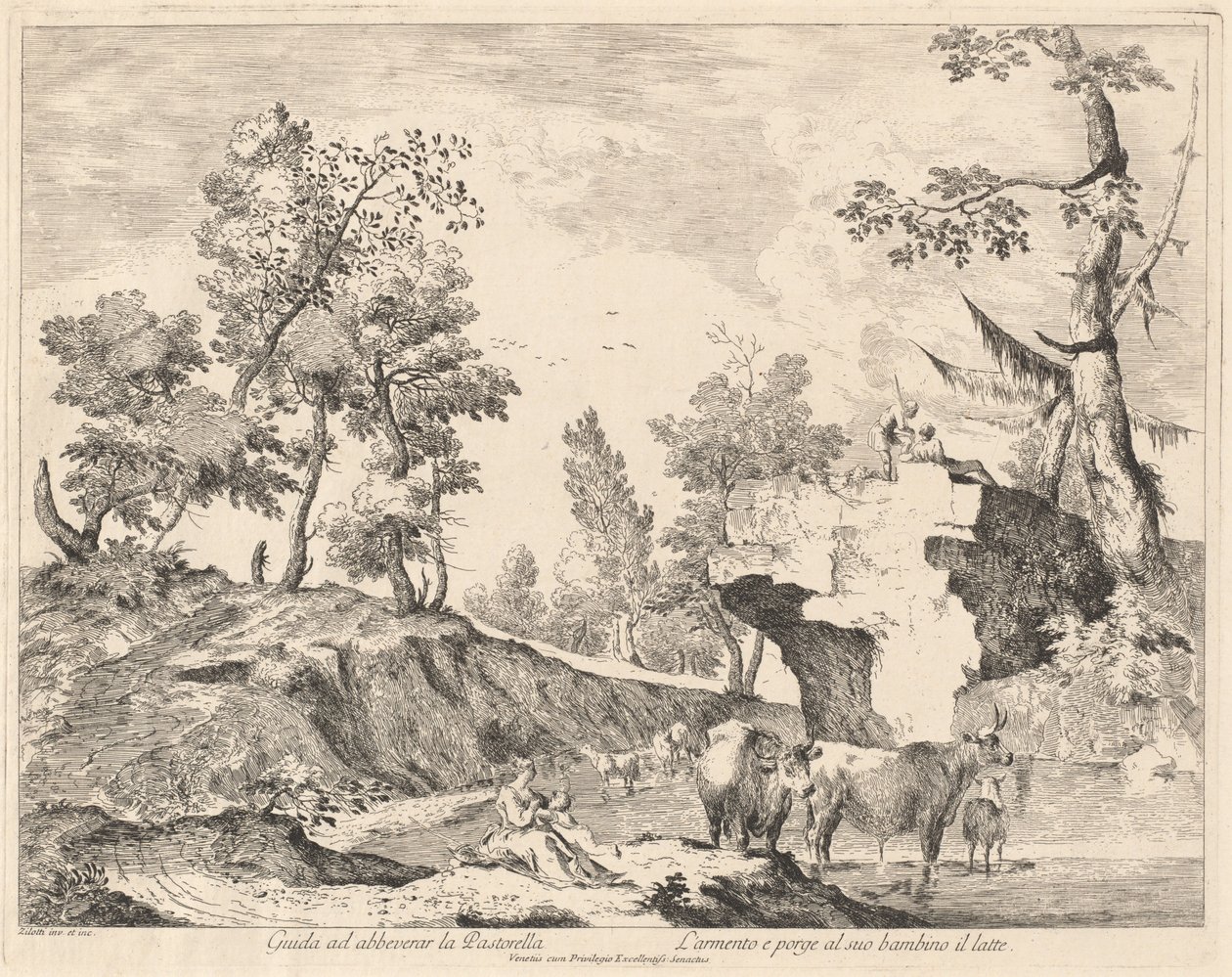 Paesaggio con pastorella e gregge a un abbeveratoio da Domenico Bernardo Zilotti