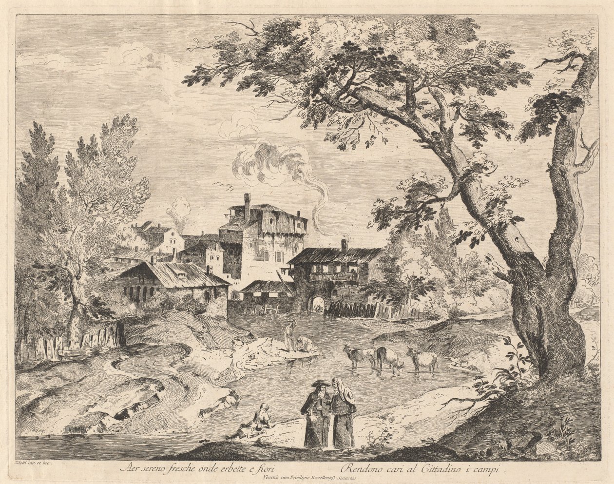 Villaggio Rustico lungo un Fiume con Viaggiatori da Domenico Bernardo Zilotti