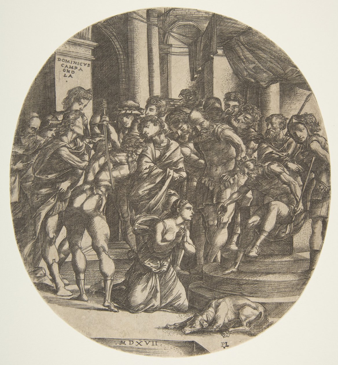 Figura femminile Santa Caterina inginocchiata a terra al centro che supplica una figura maschile, 1517 da Domenico Campagnola