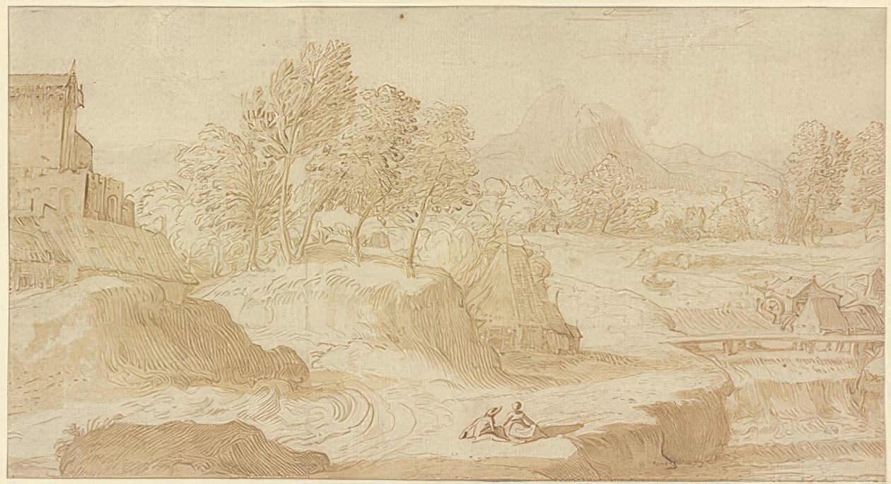 Paesaggio figurativo, a destra un fiume con un ponte vicino a mulini, davanti due figure sedute da Domenico Campagnola