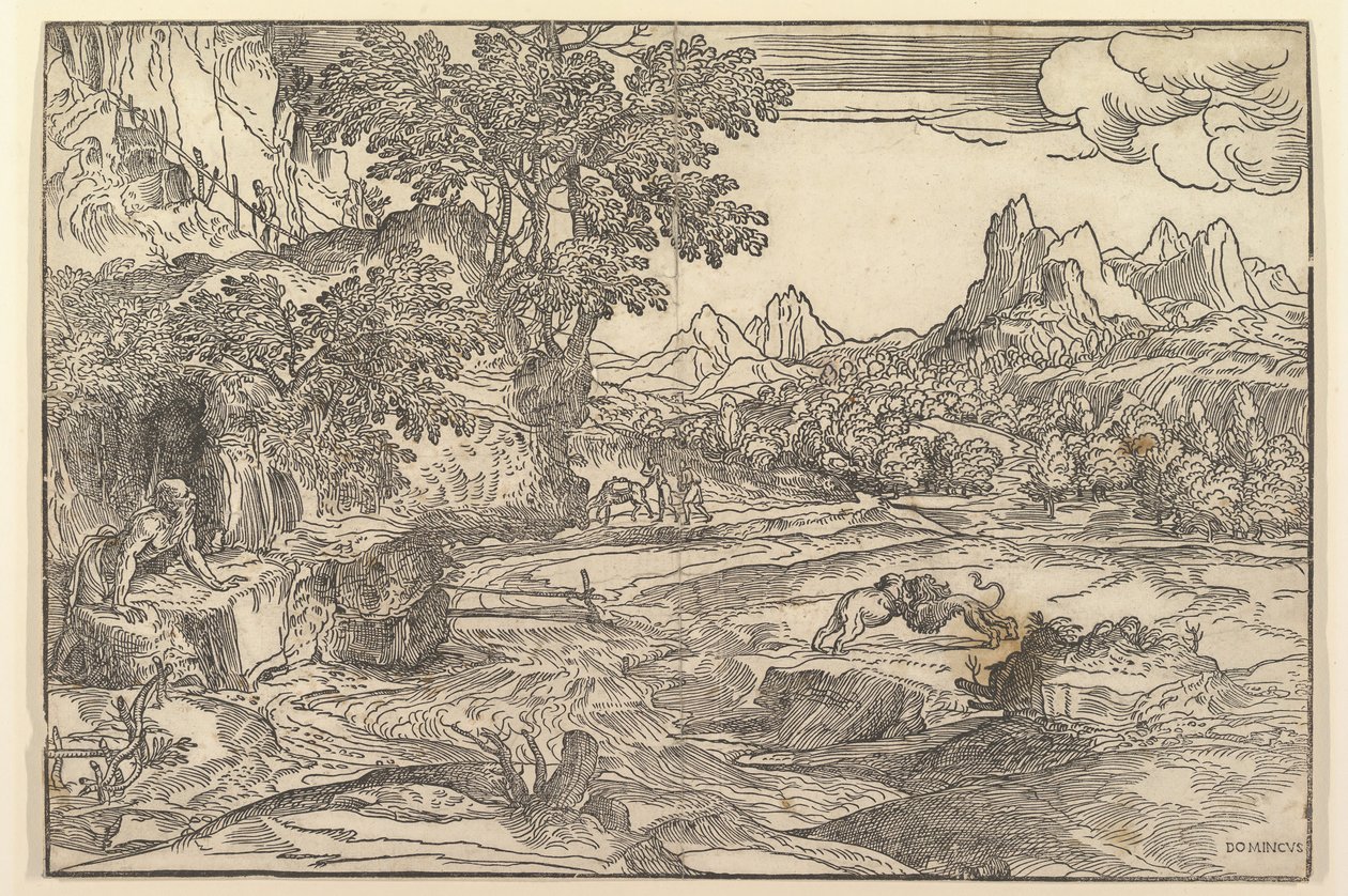 Paesaggio con San Girolamo a sinistra che guarda verso un leone e un orso che combattono al centro da Domenico Campagnola