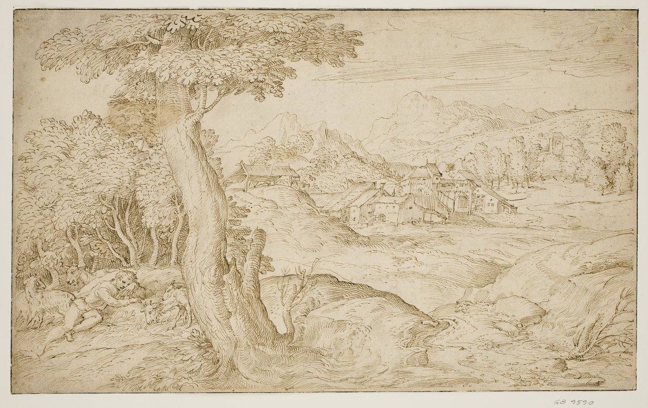 Paesaggio con una città e un pastore dormiente da Domenico Campagnola