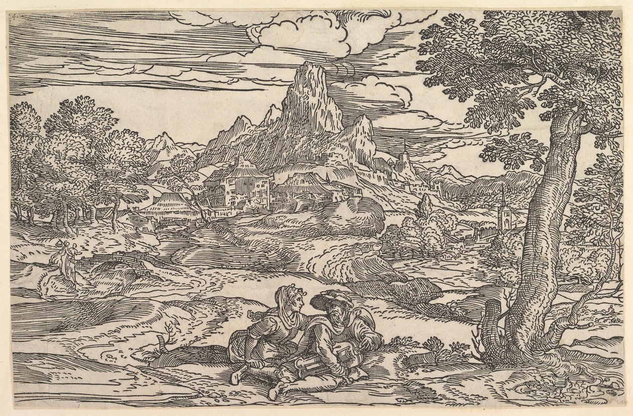 Paesaggio con donna seduta accanto a un uomo che suona la ghironda, ca. 1540 da Domenico Campagnola