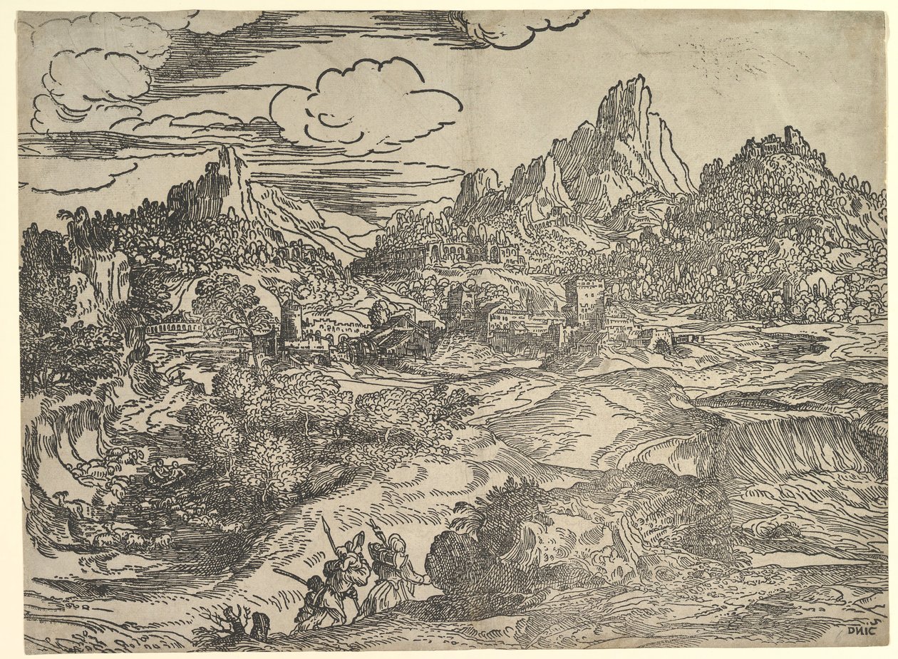 Paesaggio con famiglia che cammina in primo piano, a sinistra due figure con da Domenico Campagnola