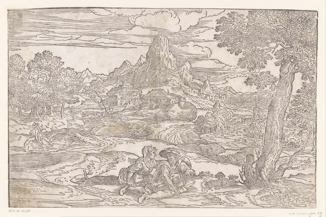Paesaggio con coppia con una ghironda da Domenico Campagnola