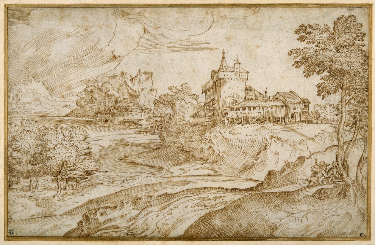 Paesaggio montuoso con un castello e altri edifici vicino a un fiume; un uomo che affretta una donna, a destra, c.1540 da Domenico Campagnola