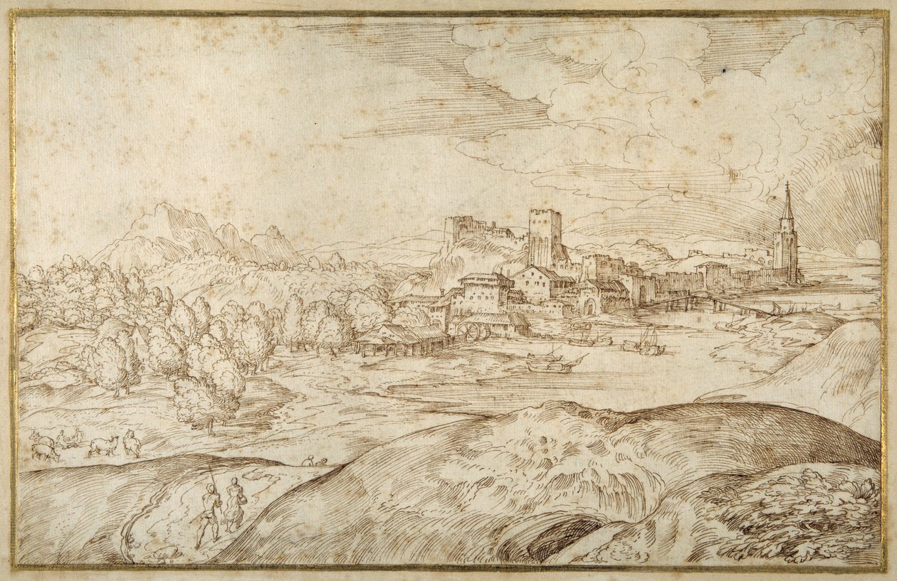 Paesaggio montuoso con un fiume e una città fortificata con una torre con guglia da Domenico Campagnola