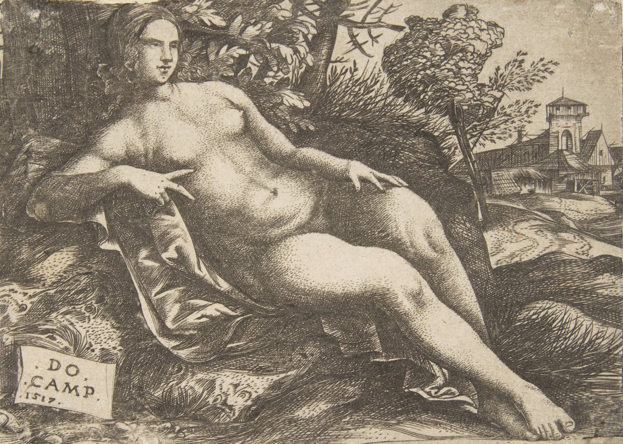 Donna nuda Venere reclinata in un paesaggio da Domenico Campagnola
