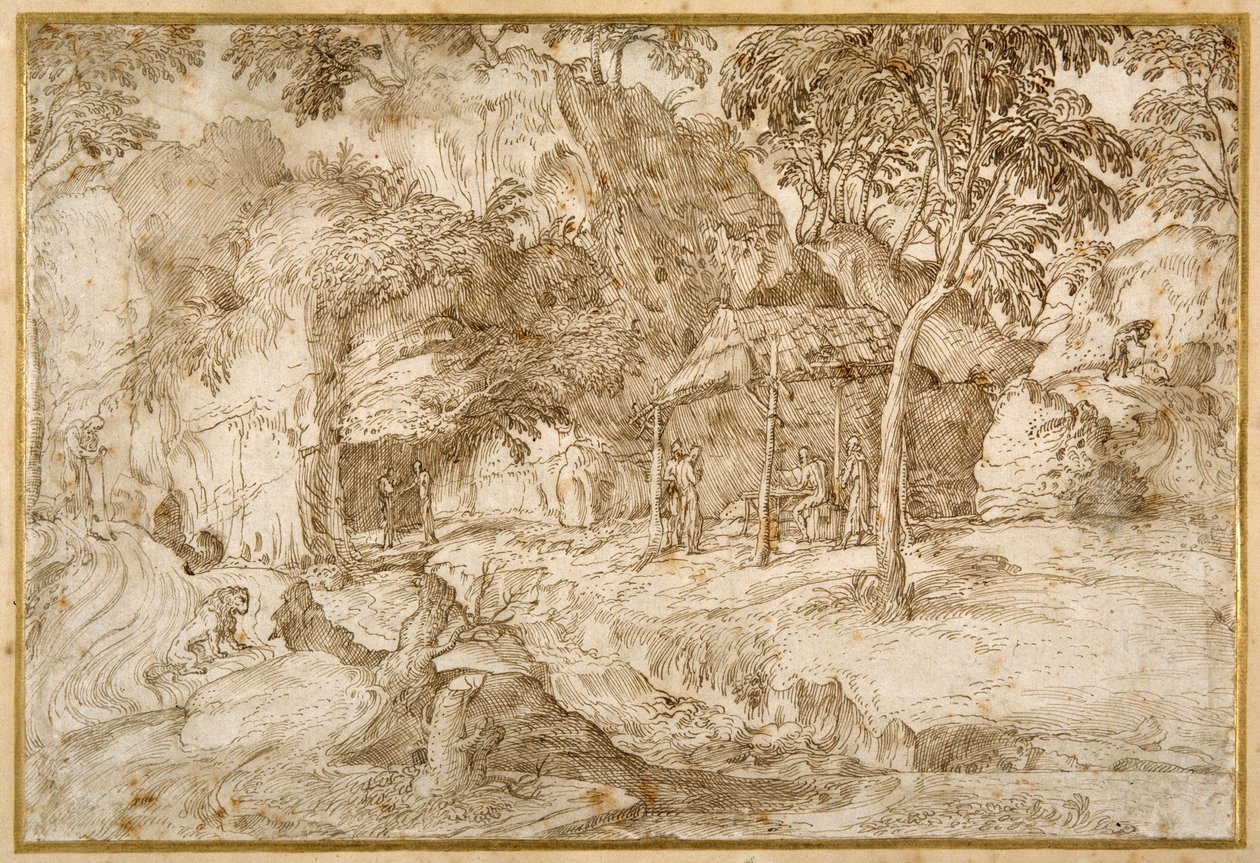 Pellegrini che visitano San Girolamo nel deserto da Domenico Campagnola