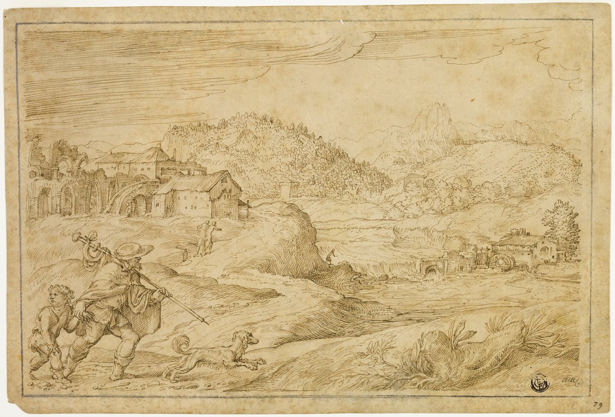 Paesaggio fluviale con San Rocco e un bambino che viaggia con un cane da Domenico Campagnola