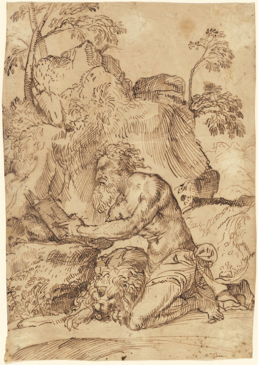 San Girolamo che legge nel deserto da Domenico Campagnola