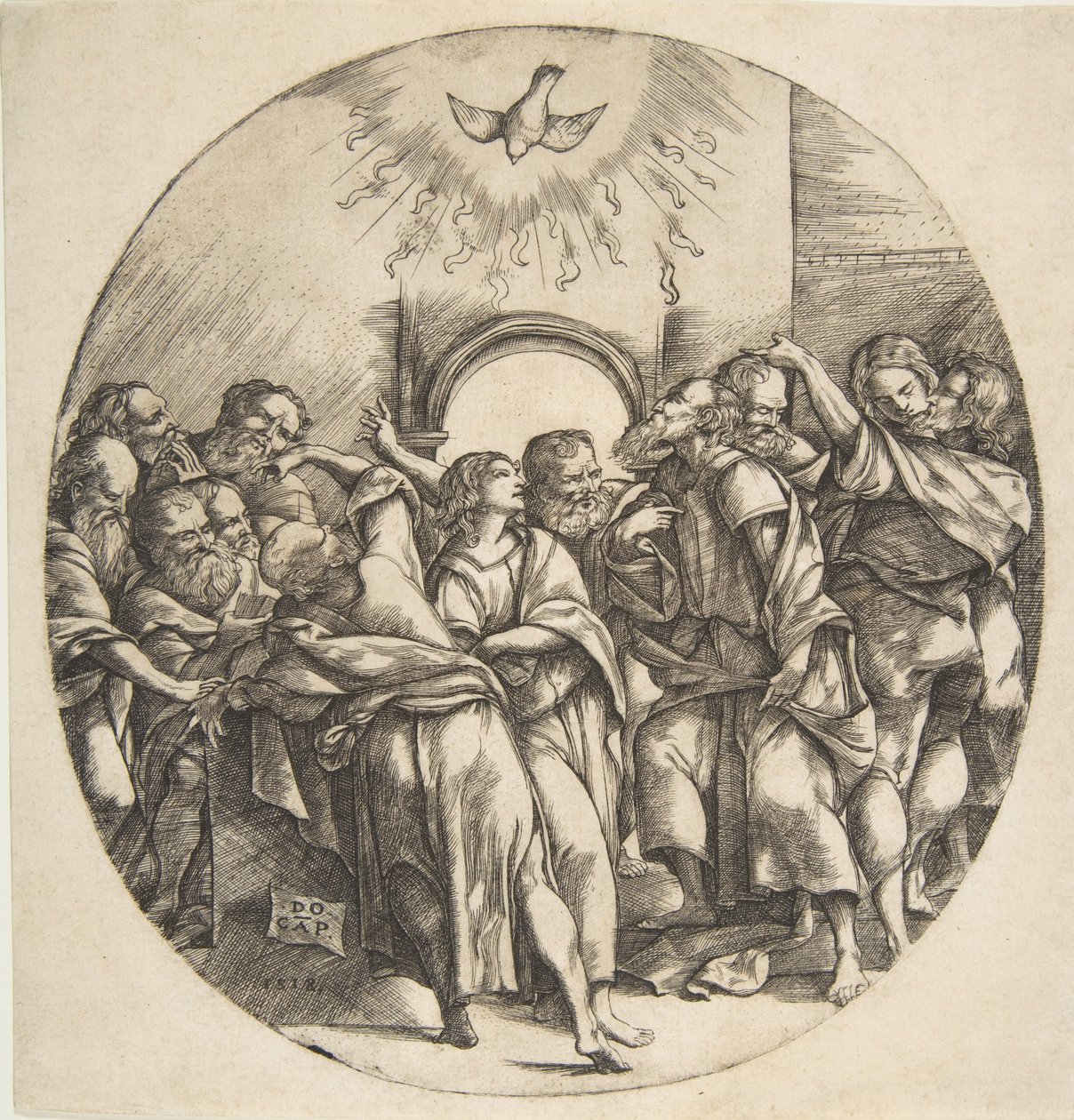 Lo Spirito Santo come un uccello che scende con le ali spiegate al centro superiore, i dodici Apostoli ..., 1518 da Domenico Campagnola