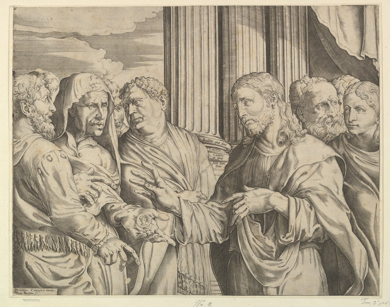 Il tributo: Cristo al centro-destra che gesticola verso un uomo alla sua sinistra con monete, ca. 1564-89 da Domenico Campagnola