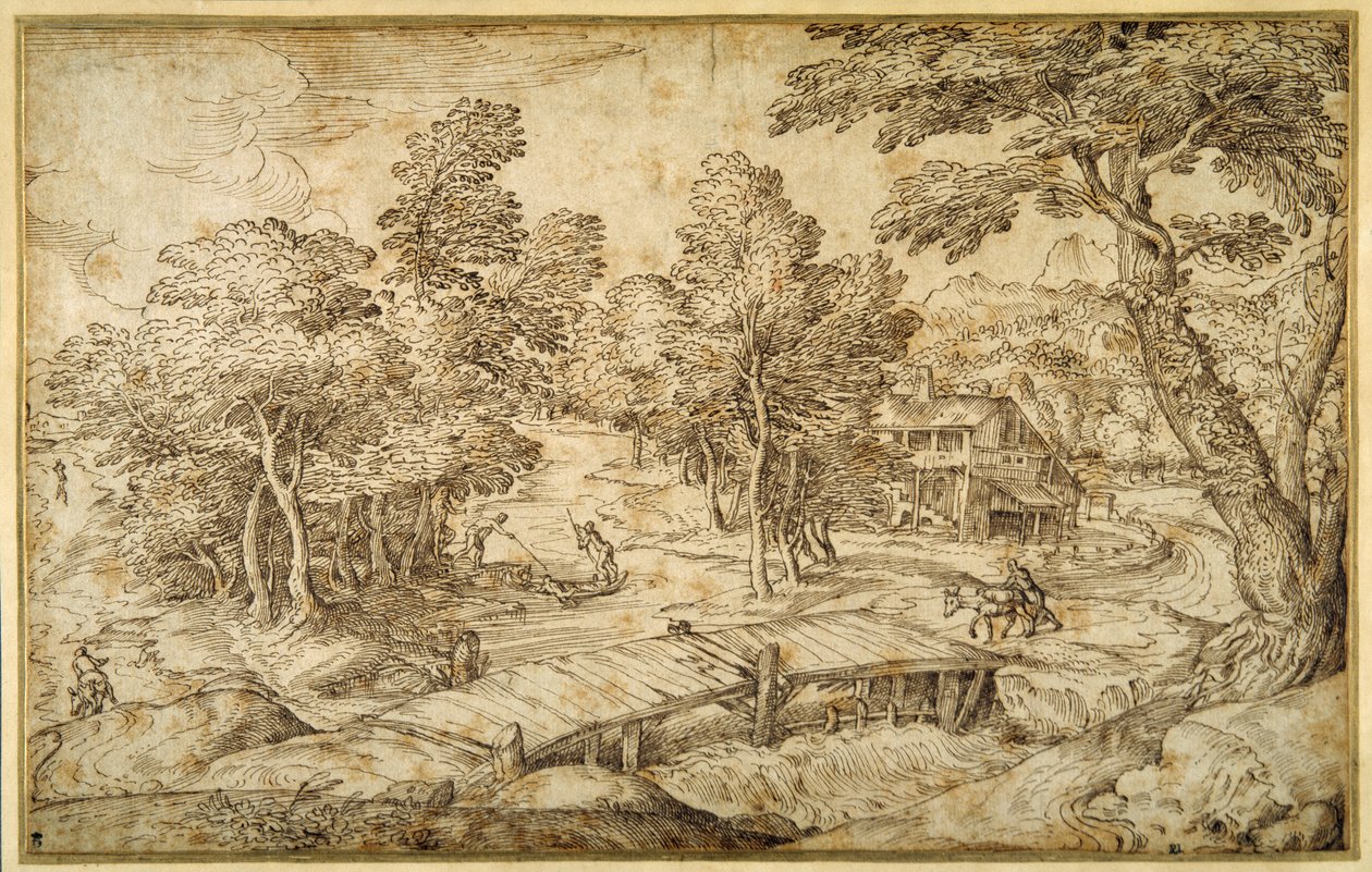 Paesaggio boscoso con una fattoria e un ponte di legno su una chiusa da Domenico Campagnola