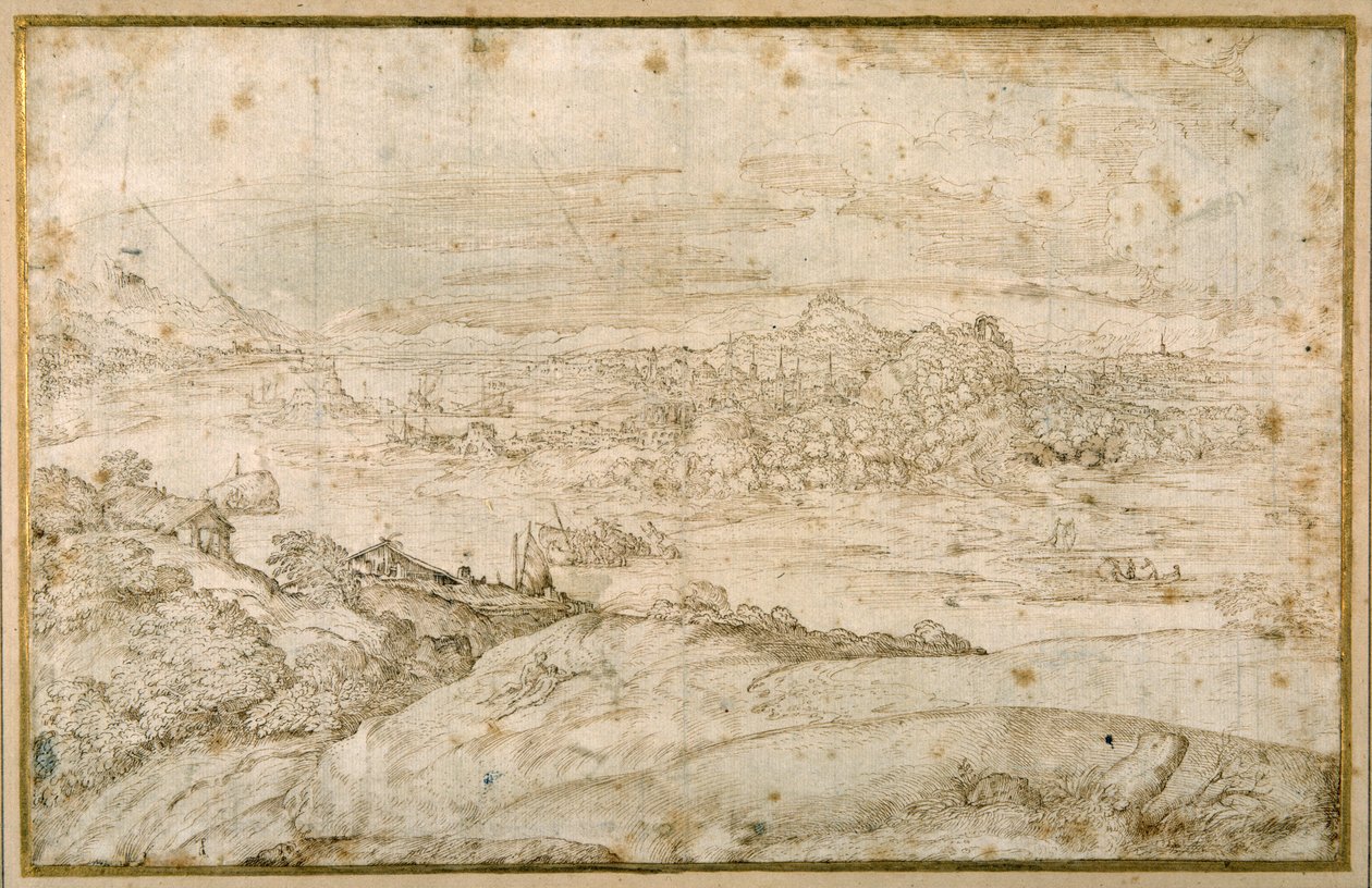 Paesaggio boscoso con un fiume tortuoso; in lontananza una città, un misto di guglie e cupole con rovine antiche da Domenico Campagnola