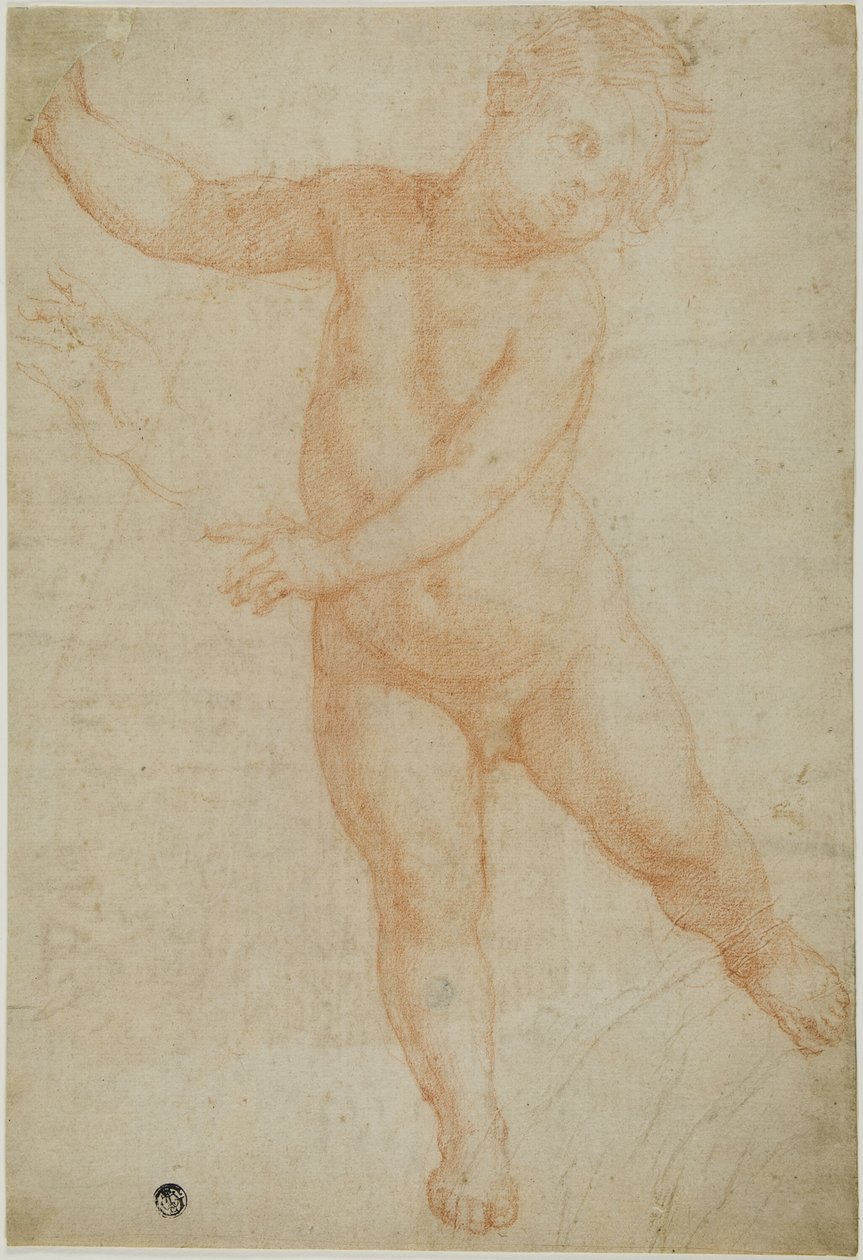 Putto in posa sulla gamba destra (recto); schizzo di un braccio drappeggiato (verso) da Domenico Cresti