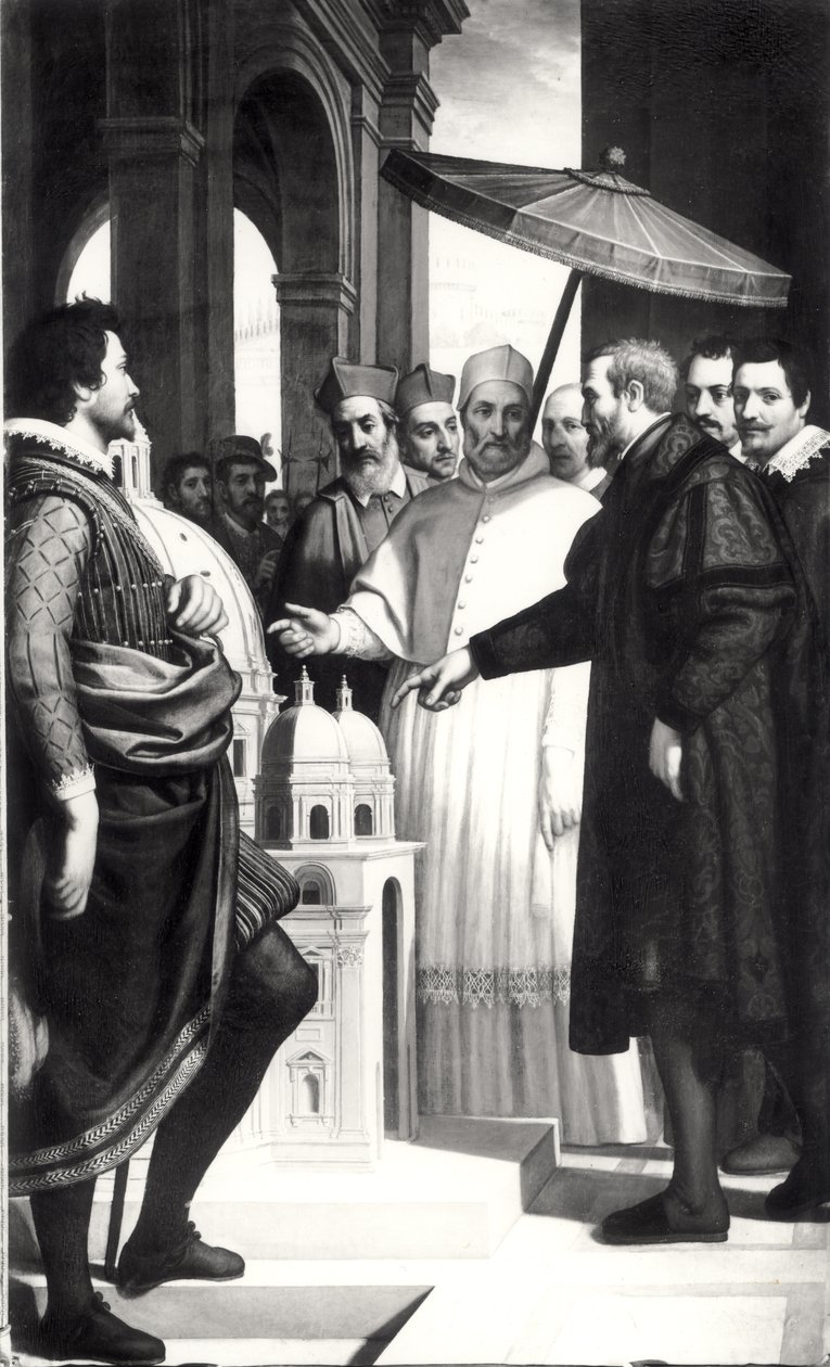 Michelangelo (1475-1564) presenta un modello della cupola di San Pietro a Papa Paolo IV (1476-1559) da Domenico Cresti