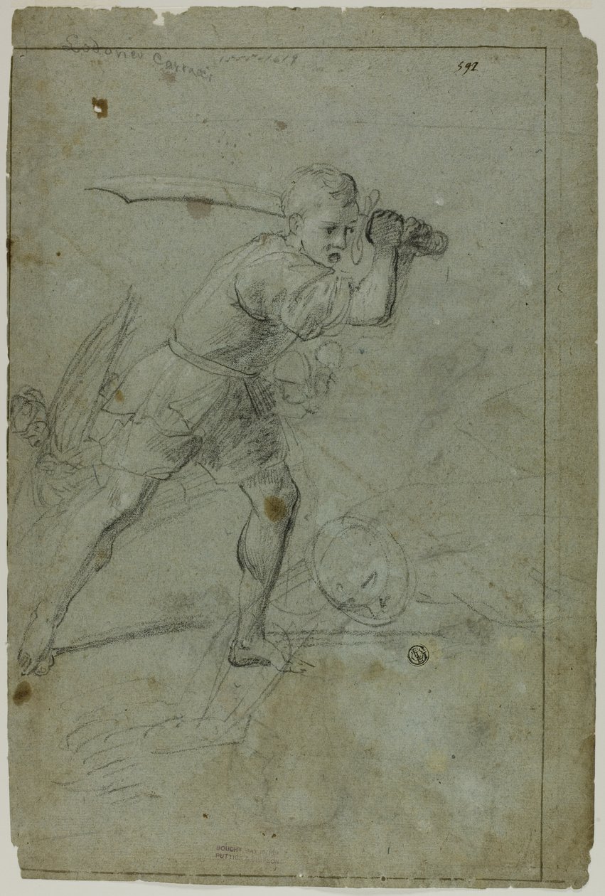 Davide che decapita Golia (recto); Schizzo di figura femminile drappeggiata con braccio destro sollevato sopra la testa (verso) da Domenico Fiasella