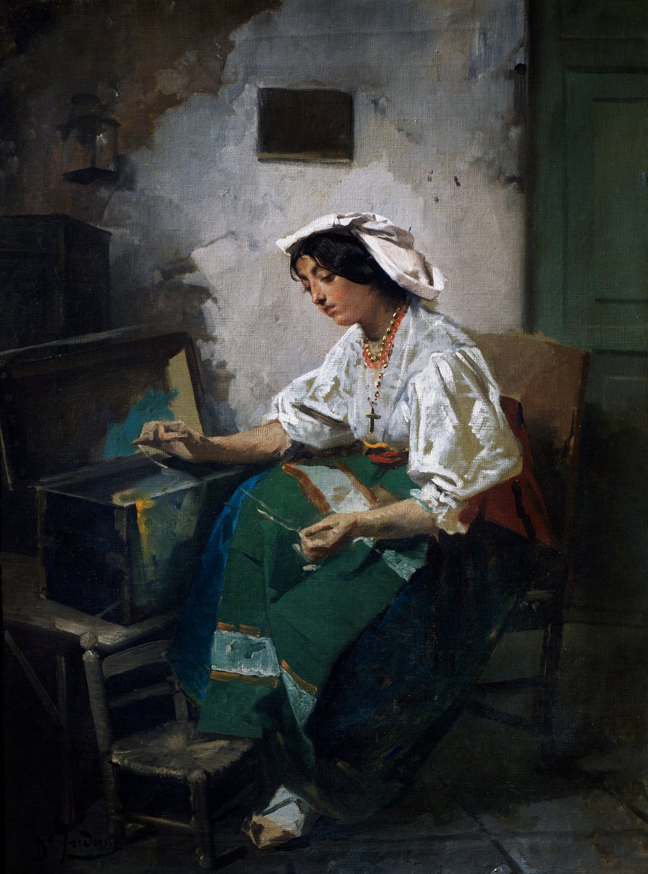 Ragazza che cuce da Domenico Induno