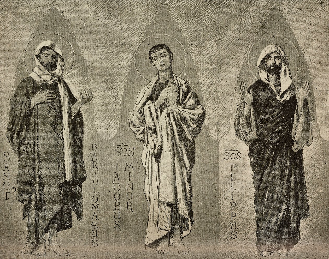 Santi Bartolomeo, Giacomo il Minore e Filippo, cartoni di Domenico Morelli per mosaico nella cattedrale di Amalfi, disegno di P Scoppetta, incisione da L