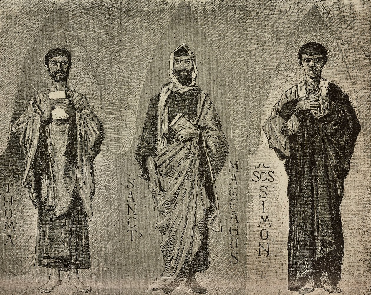 Santi Tommaso, Matteo e Simone, cartoni di Domenico Morelli per mosaico nella cattedrale di Amalfi, Italia, disegno di P Scoppetta, incisione da L