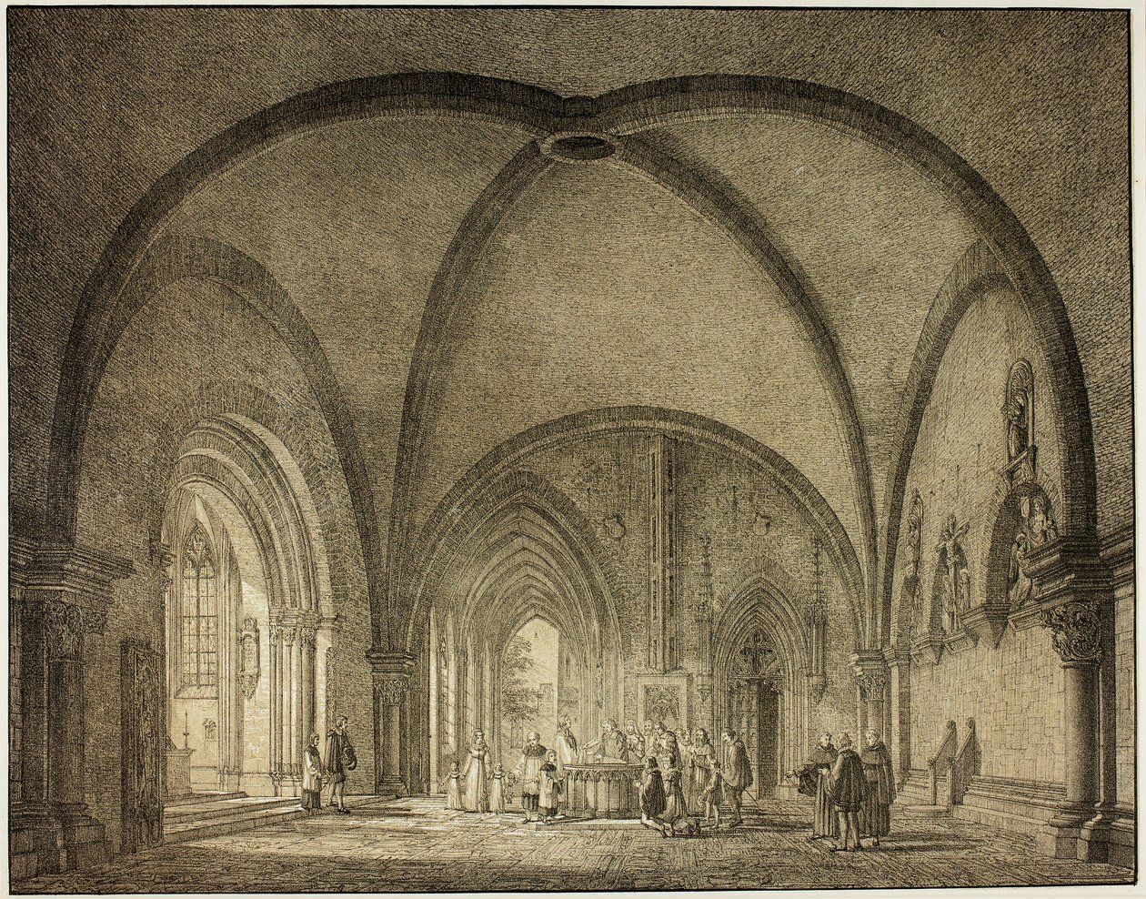 Sala battesimale e chiostri nella cattedrale di Magonza, dalla Collezione di edifici medievali memorabili in Germania da Domenico Quaglio
