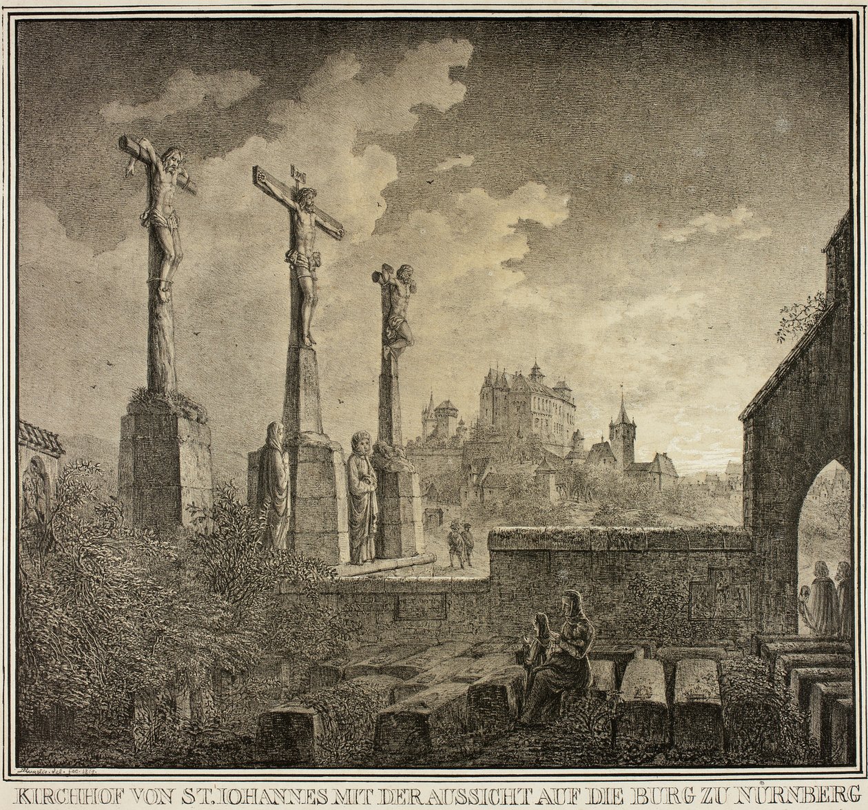 Cimitero di San Giovanni con vista sulla città di Norimberga, da Collezione di edifici medievali memorabili in Germania da Domenico Quaglio