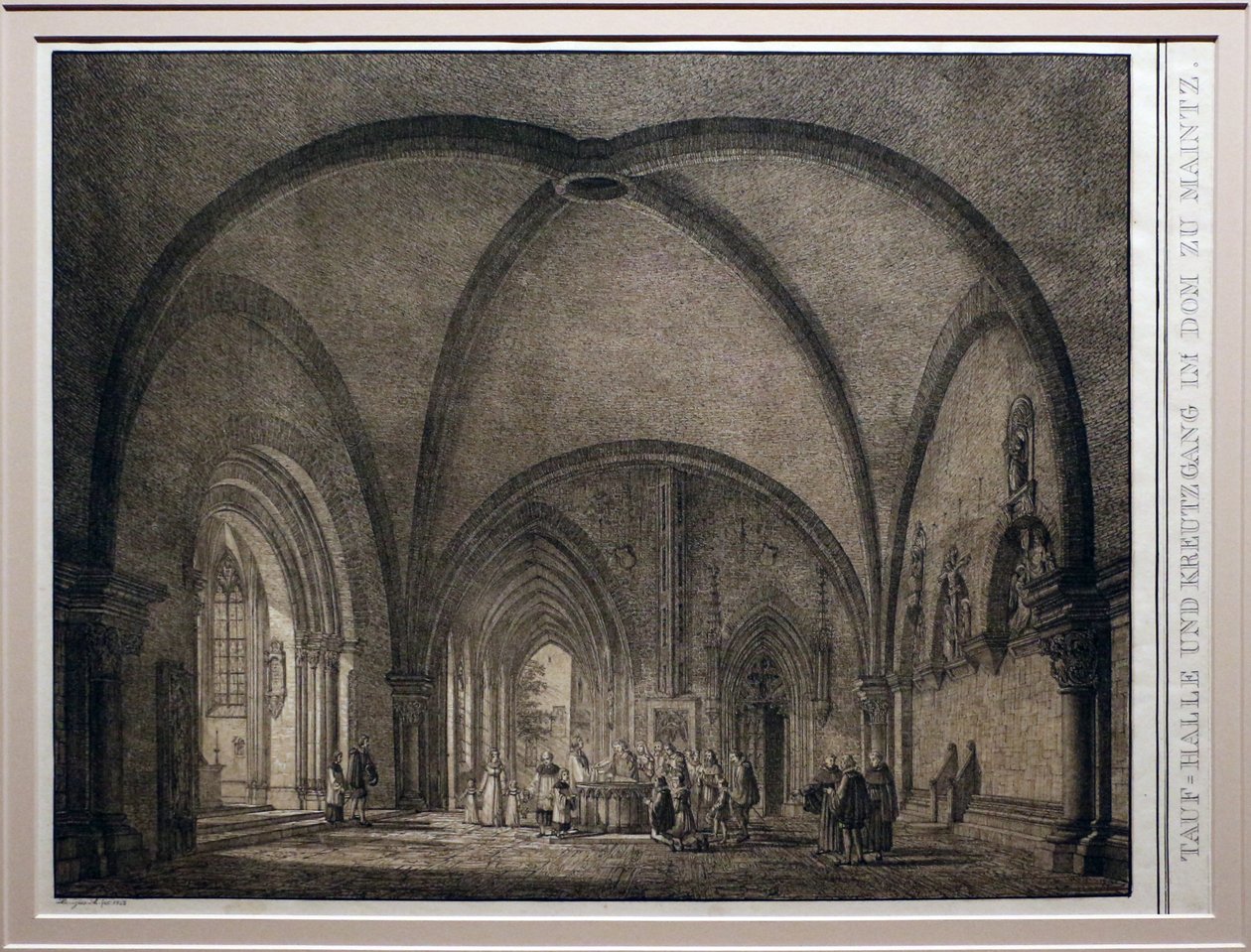 Domenico quaglio II, fonte battesimale e chiostro della cattedrale di magonza, dalla colelzione di edifici medievali memorabili della germania, 1823, litografia da Domenico Quaglio the Younger
