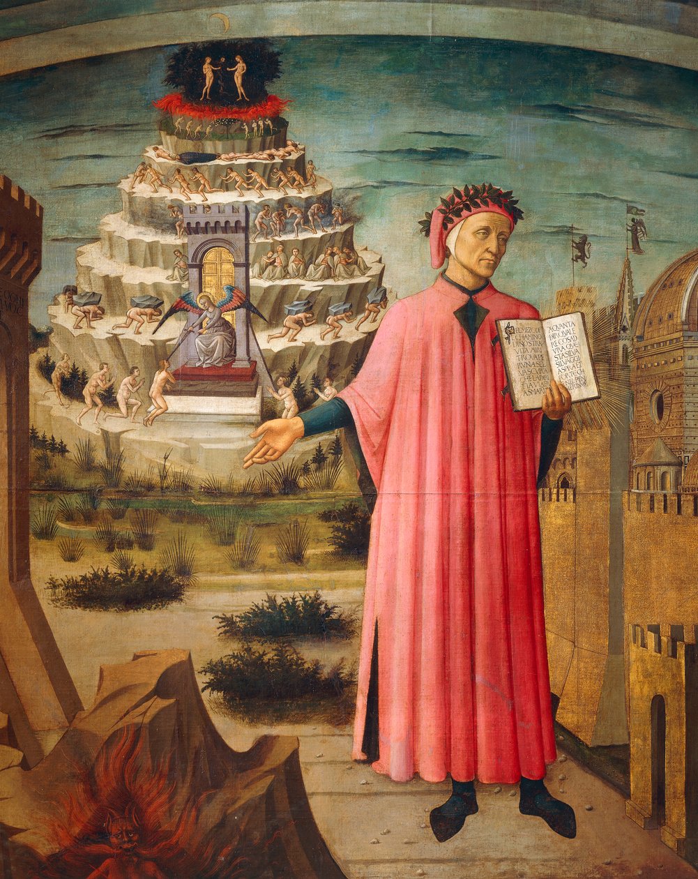 Dante Alighieri con la Divina Commedia in mano e montagne del purgatorio sullo sfondo (dettaglio) da Domenico di Michelino