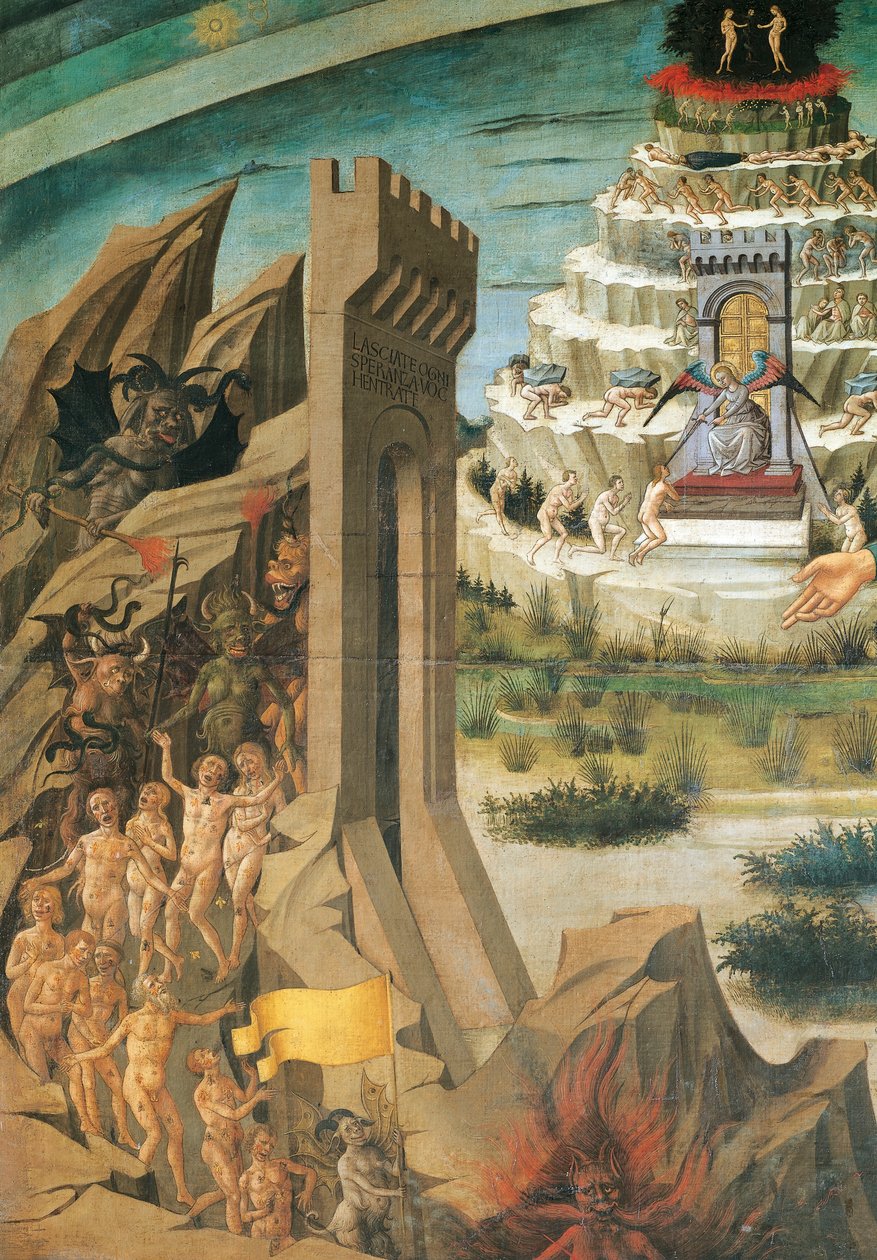 Figure dei dannati, dettaglio da Dante che tiene la Divina Commedia, affresco di Domenico di Michelino, Cattedrale di Santa Maria del Fiore, Firenze, Italia da Domenico di Michelino