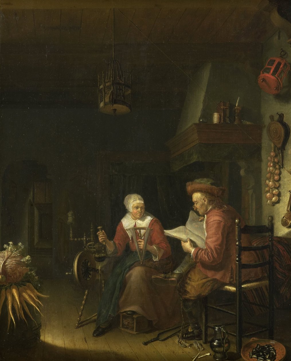 Interno con un uomo che legge e una donna che fila il filo da Domenicus van Tol